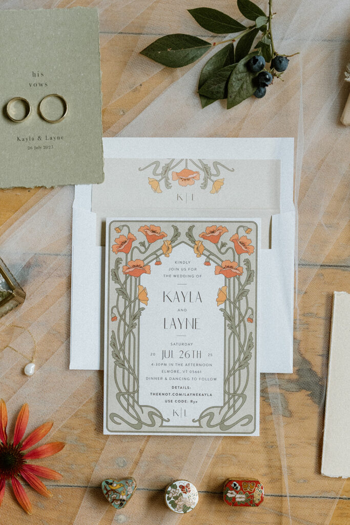 Art nouveau inspired wedding invitation suite with floral illustration and vow booklet for Kayla and Layne’s Vermont wedding.