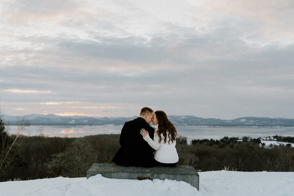 Shelburne Farms photography session — couple sitting at lone tree hill lookout