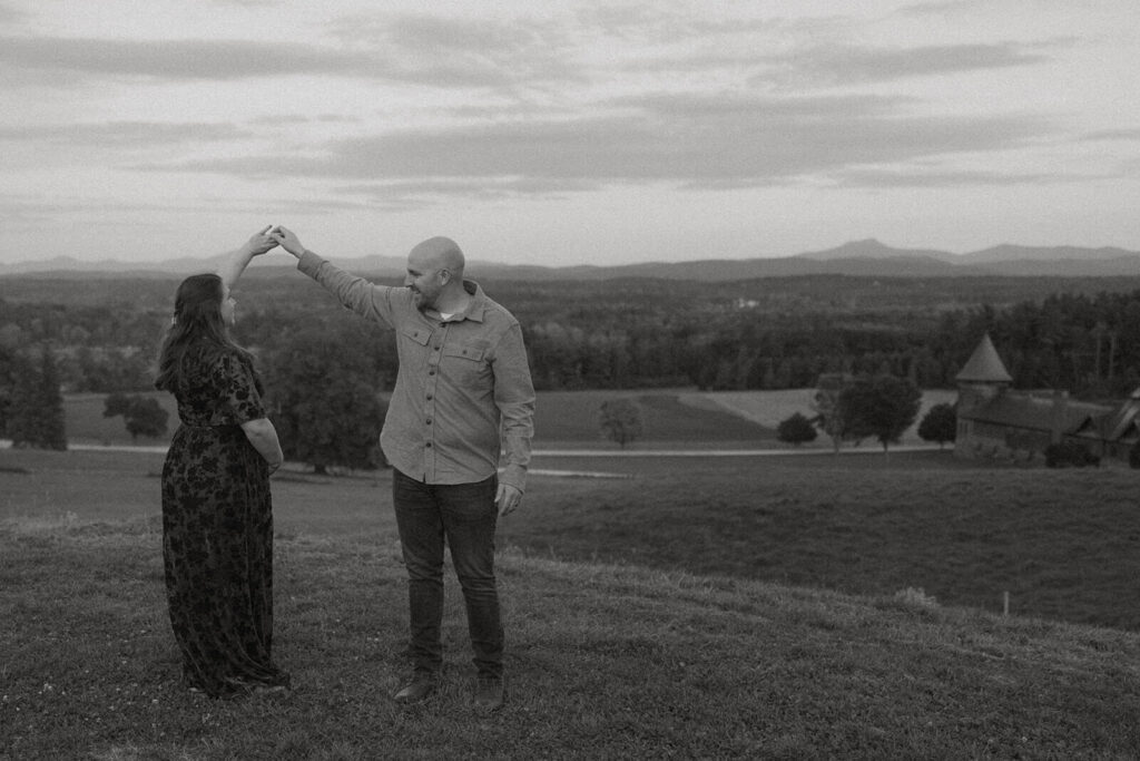 Shelburne Farms maternity photography session — couple at Sheep's Knoll overlook.