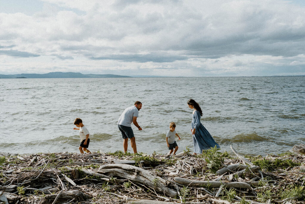 Shelburne Farms family photo location — kids playing at the waterfront with Lake Champlain view
