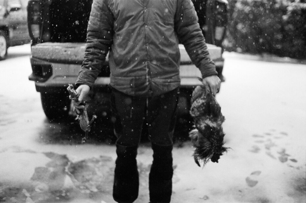 Man holds chickens on a snowy Vermont day