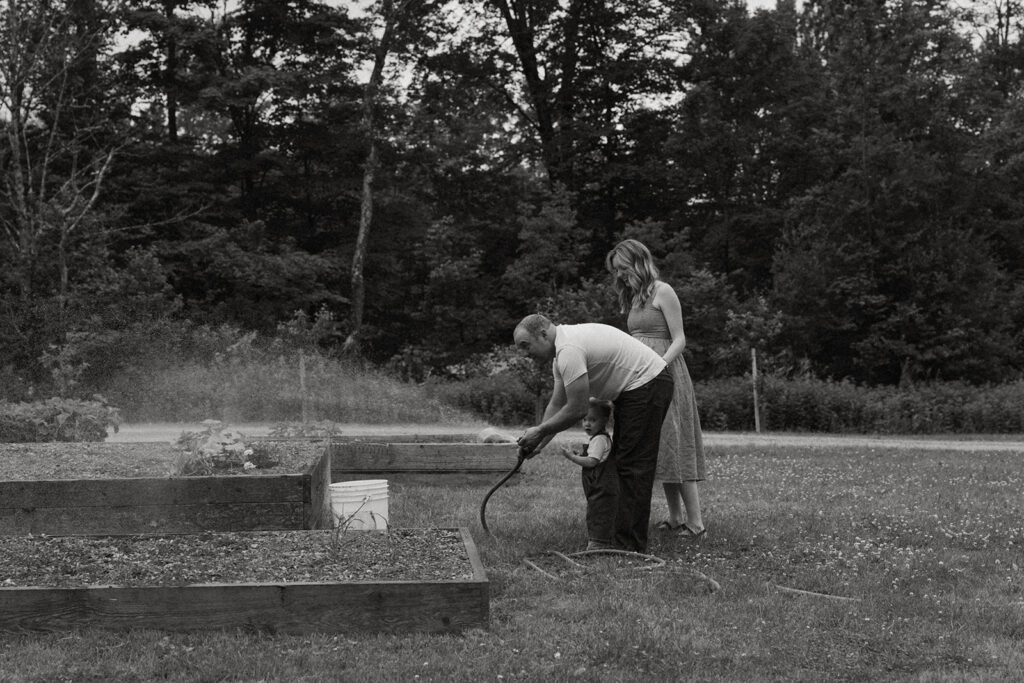 Dad waters raised garden beds with a hose while toddler stands nearby in a wide outdoor scene
